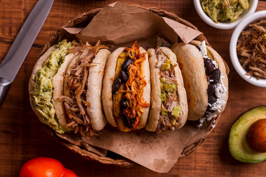 top view of basket with assortment of arepas